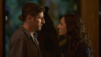 Untitled Home Invasion Romance: Jason Biggs and Meaghan Rath share a quiet moment.