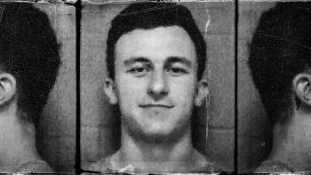 Untold: Johnny Football movie: mugshots of Johnny Manziel in black and white, sides of head on left and right, facing camera in center