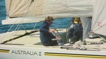 Australia II and crew at the America's Cup boat race in 1983.