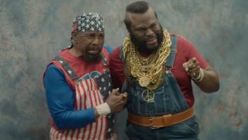 Untold Mr. T: I Pity the Fool movie: Mr. T  and man posing against a textured backdrop.