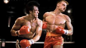Rocky IV movie: Action shot of Rocky punching his opponent with immense force
