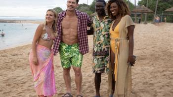 Vacation Friends 2: Meredith Hagner, John Cena, Lil Rey Howery, and Yvonne Orji pose on a beach.