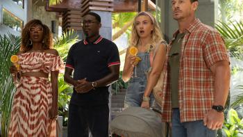 Vacation Friends 2: Yvonne Orji, Lil Rey Howery, Meredith Hagner, and John Cena at a Caribbean resort.