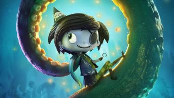 Scarygirl: A young human-octopus girl with an eyepatch sits on a tentacle