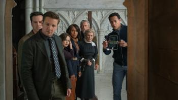Wake Up Dead Man movie: Parishoners (Jeremy Renner, Andrew Scott, Cailee Spaeny, Kerry Washington, Glenn Close, Thomas Haden Church) look in a doorway