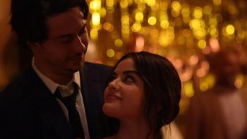 Which Brings Me to You Movie: Nat Wolff and Lucy Hale stare at each other during a wedding reception dance