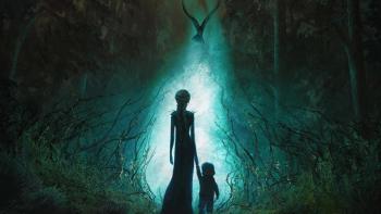 Wildwood movie: Silhouettes of a tall figure and child in a mystical, glowing forest