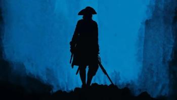 Young Washington movie: A shadowed outline of William Franklyn-Miller at night holding a gun