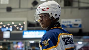 Youngblood movie: Ashton James on the hockey rink, looking to the side