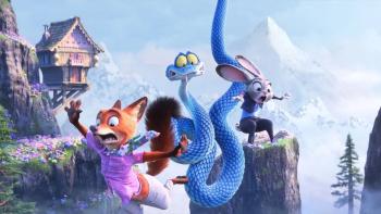 Zootopia 2 movie: Nick, Judy, and a large blue snake appear to be falling in a mountainous landscape