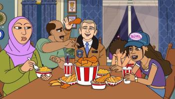 The Hussein family sit at a table eating fried chicken and fries. George Bush sits at the head of the table holding a drumstick.