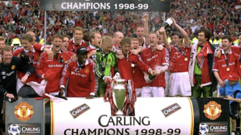99 TV show screenshot 3: Manchester United in red celebrates behind white champion win banner. 