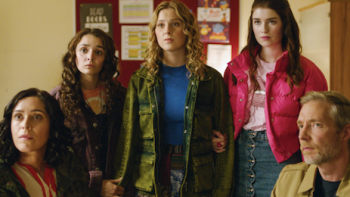A Kind of Spark screenshot 3: Bess Darrow sits while Adie, Keedie, and Nina stand and James Darrow sits at end.  
