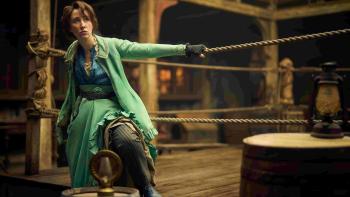 Malachi Kirby talks down the street with some wounds on his face. He wears a striped vest, brown pants, and orange overcoat.