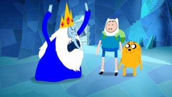 Adventure Time: Side Quests TV show screenshot 2: The Ice King rages with his arms upheld as Finn and Jake stare at him blankly