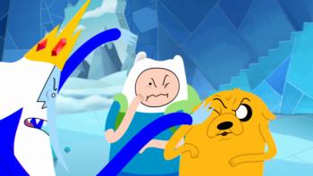 Adventure Time: Side Quests TV show screenshot 3: The Ice King gestures broadly, hitting Jake in the eye as Finn loos on