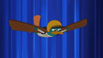 Agent P Under C TV: Perry, the platypus, wears a helmet and glides against a blue striped background.