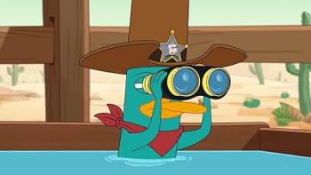 Agent P Under C TV: Perry, the platypus, wears a western costume and hides in a pool using binoculars to spy.