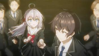 Alya Sometimes Hides Her Feelings in Russian: Kuze pulls a surprised Alya away from three male classmates.