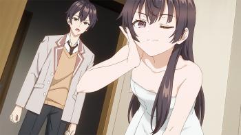 Alya Sometimes Hides Her Feelings in Russian: Yuki does a cutesy pose wearing only a towel. Kuze stands behind, shocked.