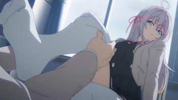 Alya Sometimes Hides Her Feelings in Russian: A low angle view of Alya's face as Kuze pulls a long sock up her leg.