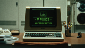 American Conspiracy: The Octopus Files TV show screenshot 1: Computer unit with word PROMIS on screen.