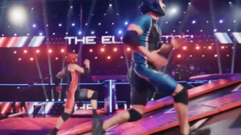 American Gladiators (2026) screenshot 3: A contender wearing red and another wearing blue race up motorized backwards treadmills to the finish line.
