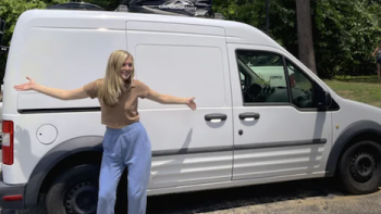 American Murder Gabby Petito TV show screenshot 1: Gabby Petito stands in front of white van. 