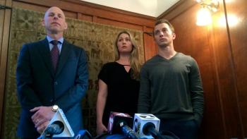 American Nightmare TV show screenshot 3: Attorney Anthony Douglas Rappaport, left, speaks at a news conference with Denise Huskins and Aaron Quinn.