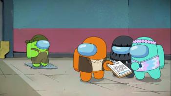 Among Us: Four colorful cartoon astronauts stand indoors, one holding a clipboard.