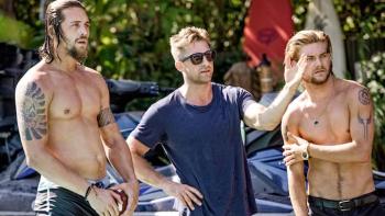 Animal Kingdom TV Show: Three men stand outside, two shirtless and tattooed and one wearing sunglasses and a tee