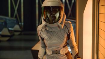 The Ark TV show screenshot 1: a woman in a full spacesuit, screaming