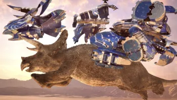 Armorsaurs TV Show: armor flies onto a triceratops