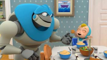 Arpo: A robot  feeds a white baby a meal.