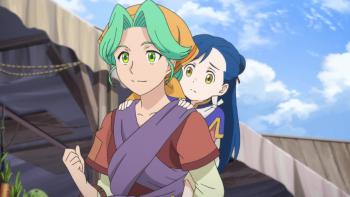 Ascendance of a Bookworm TV show screenshot 1: Effa gives Myne a piggyback ride as they walk into town.