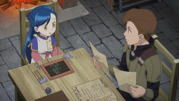 Ascendance of a Bookworm TV show screenshot 3: Otto and Myne sit at a table. Otto looks at formal documents. Myne practices math on a chalkboard.