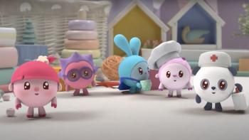 Baby Riki: Five characters in a colorful nursery playroom setting with toys and miniature houses in background.