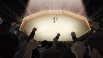 Baki-Dou: The Invincible Samurai TV show screenshot 2: A crowd surrounds two fighters in the arena, cheering for either side of the fight