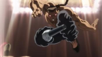 Baki-Dou: The Invincible Samurai TV show screenshot 3: Retsu leaps in the air with red eyes and gets ready to punch his opponent