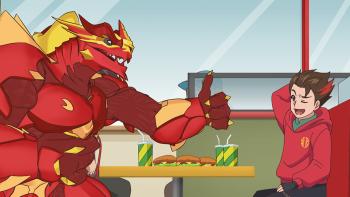 Bakugan TV show screenshot 1: Main characters Bakugan Dragonoid and human boy Dan sitting together at a diner