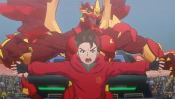 Bakugan TV show screenshot 2: Dan, a White human boy, stands with arms open protecting Dragonoid during battle