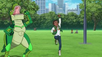 Bakugan TV show screenshot 4: a human Black boy Griffin and her Bakugan pair Trox, a green dinosaur type