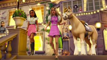 Barbie Mysteries the Great Horse Chase TV Show Screenshot 1: Malibu and Brooklyn lead horse Pepper by the reins