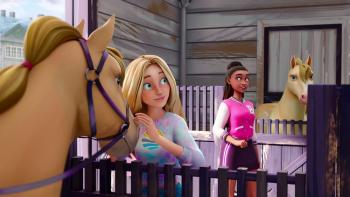 Barbie Mysteries the Great Horse Chase TV Show Screenshot 2: Malibu and Brooklyn are in the horse stables with Pepper