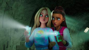 Barbie Mysteries the Great Horse Chase TV Show Screenshot 3: Malibu and Brooklyn use their phone flashlights in a spooky scene
