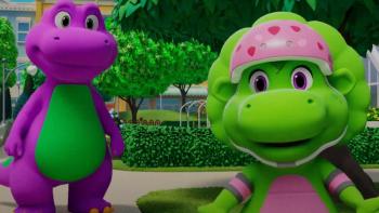 Barney's World TV Show: Barney watches Baby Bop go for a bike ride