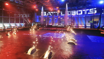 BattleBots Pro League screenshot 3: BattleBots arena with spotlights and sparking floor traps.