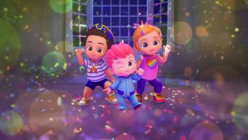 Bebefinn Dance Time TV: Bebefinn and siblings Bora and Brody stand in living room with party lighting. Bebefinn blinks at camera, Bora and Brody wave.