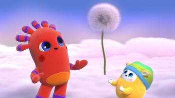 BeddyByes TV show screenshot 1: Above the clouds, MeMo and BaBa watch in awe as a dandelion flower floats in the air between them.