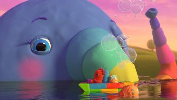 BeddyByes TV show screenshot 2: A giant sea creature with colorful nose like an elephant shoots bubbles onto the sky.